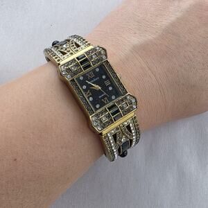 Heidi Daus Hinged Cuff Bracelet Watch Tan Swarovski Crystals Bangle Bronze Black